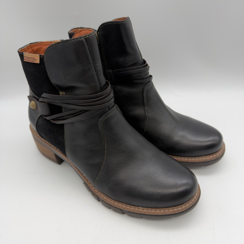 Pikolinos Black Leather Suede Ankle Boots Side Zip Strappy Booties Size 8-8.5